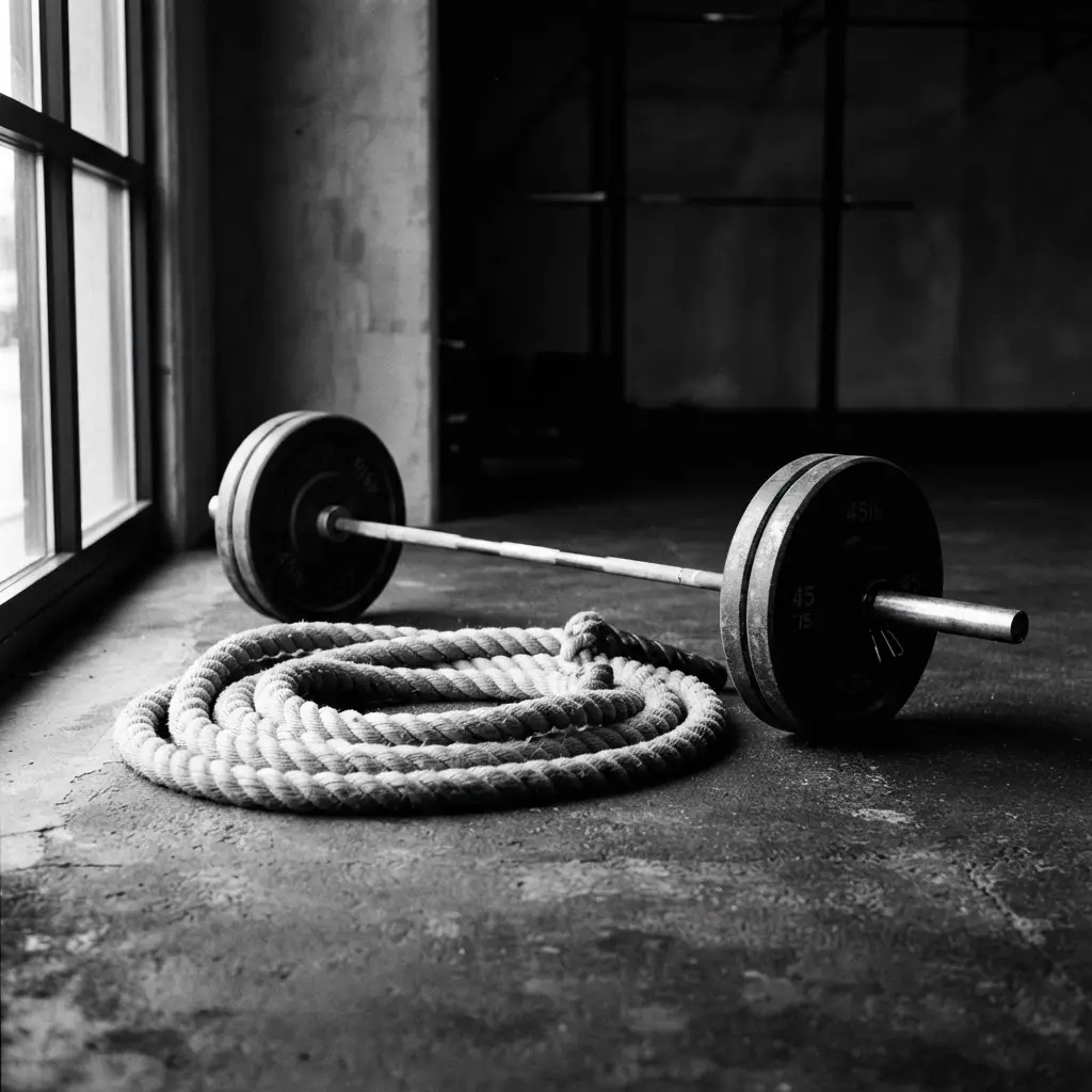 A coiled battle rope alongside a loaded Olympic barbell with iron weight plates, black and white