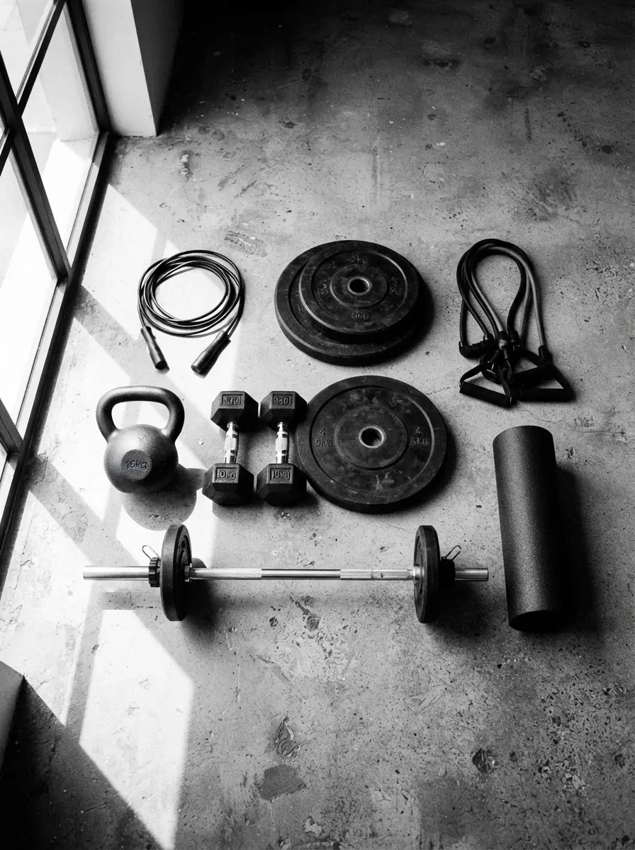 A curated arrangement of exercise equipment including dumbbells, kettlebell, weight plates, barbell, jump rope, resistance bands, and foam roller, black and white